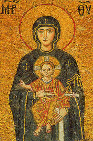 Ψηφιδωτή εικόνα της Θεοτόκου με το θείο βρέφος από τον ιστορικό ναό της του Θεού Αγίας Σοφίας εις την Κωνσταντινούπολη.